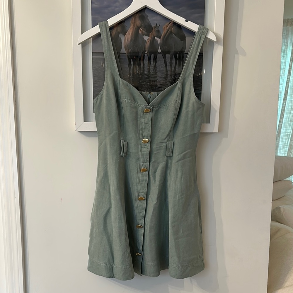 AJE Green Mini Dress with Gold Buttons and Adjustable Wasit Strap